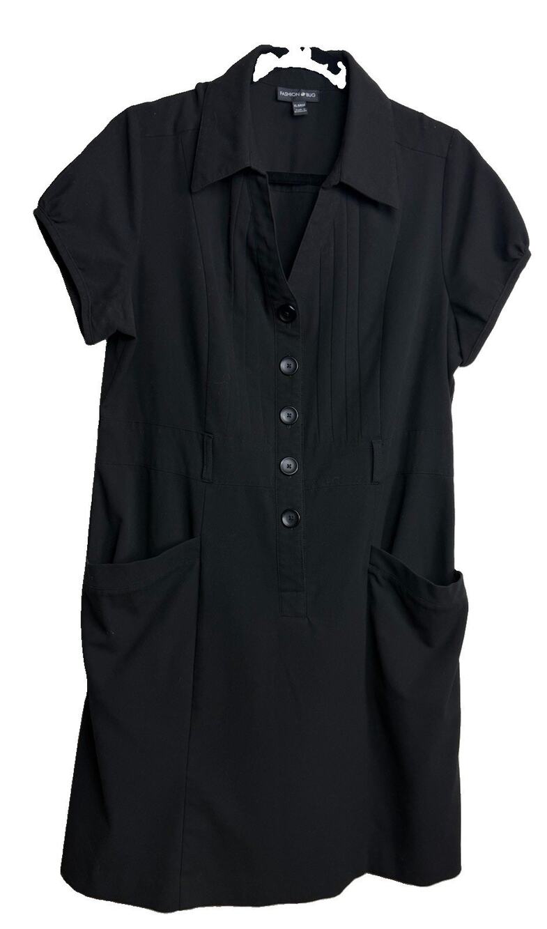Fashion Bug Women’s Black Safari Style Dress Pockets Short Sleeve Buttons FLAW